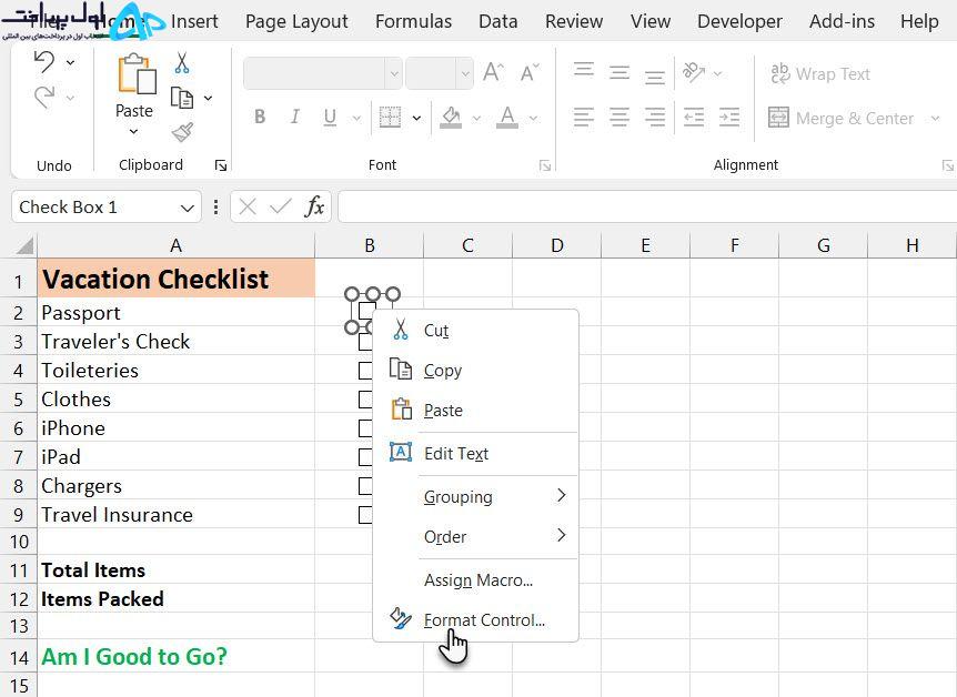 چک لیست در مایکروسافت اکسل