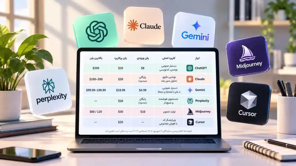 مقایسه قیمت و کاربرد ابزارهای هوش مصنوعی ChatGPT، Claude، Gemini، Perplexity، Midjourney و Cursor روی صفحه لپ‌تاپ