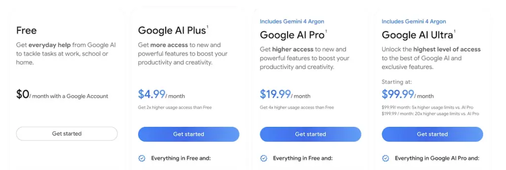 مقایسه اشتراک‌های گوگل با نمایش دسترسی به Gemini 4 Argon در طرح‌های Pro و Ultra
