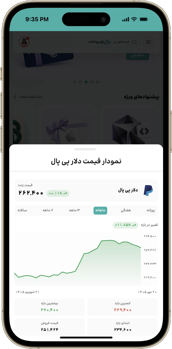 نرخ خرید و فروش و نمودار تغییرات ارز در نسخه موبایل اول پرداخت